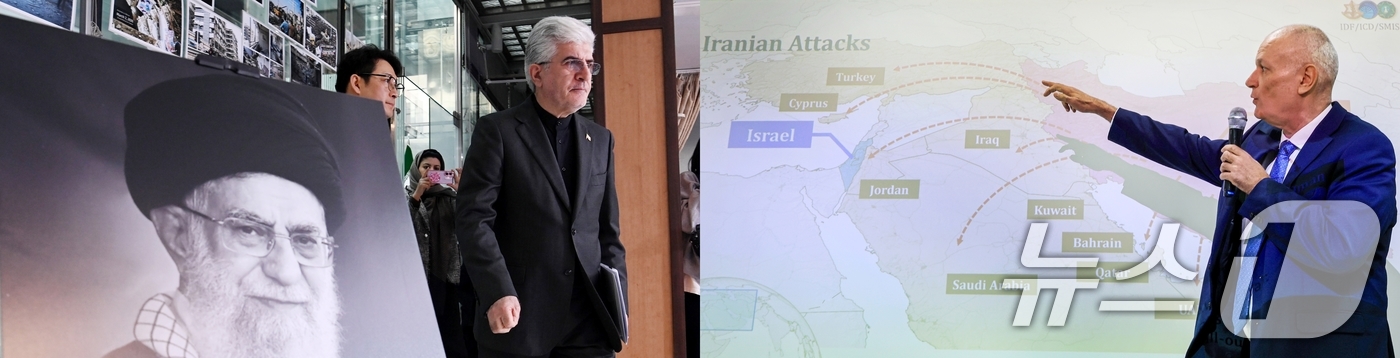 (서울=뉴스1) 최지환 기자  이호윤 = 사이드 쿠제치 주한 이란 대사(왼쪽)가 5일 서울 용산구 주한 이란 대사관에서 중동상황 관련 이란 정부의 입장을 발표하기위해 입장하고 있다 …