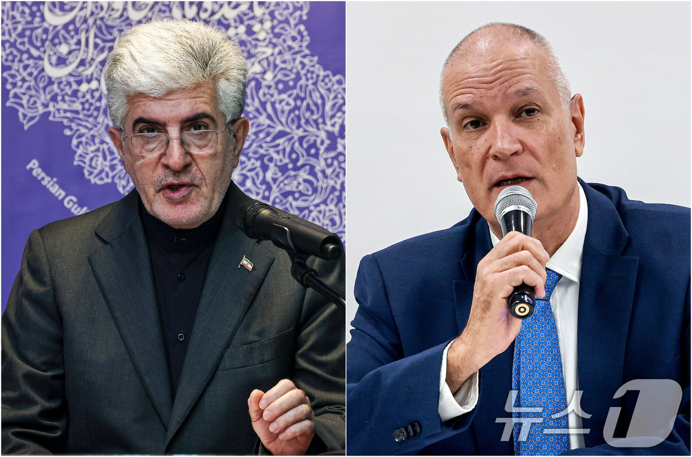 (서울=뉴스1) 이호윤 최지환 기자 = 사이드 쿠제치 주한 이란 대사(왼쪽)와 라파엘 하르파즈 주한 이스라엘 대사가 5일 서울에서 각각 중동상황 관련 정부 입장 발표에 나섰다. 2 …