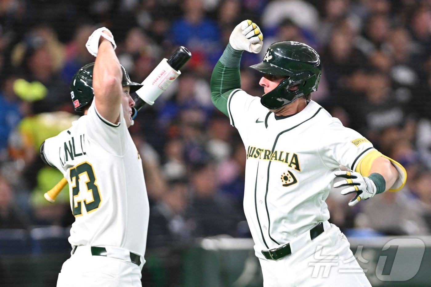 본문 이미지 - 5일 대만전에서 홈런을 친 뒤 기뻐하는 호주.ⓒ AFP=뉴스1