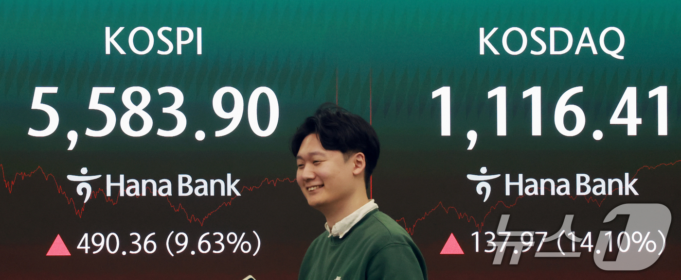(서울=뉴스1) 이호윤 기자 = 5일 서울 중구 하나은행 본점 딜링룸 전광판에 코스피 지수 종가가 표시되어 있다. 이날 코스피지수는 전일대비 490.36p(9.63%) 오른 558 …