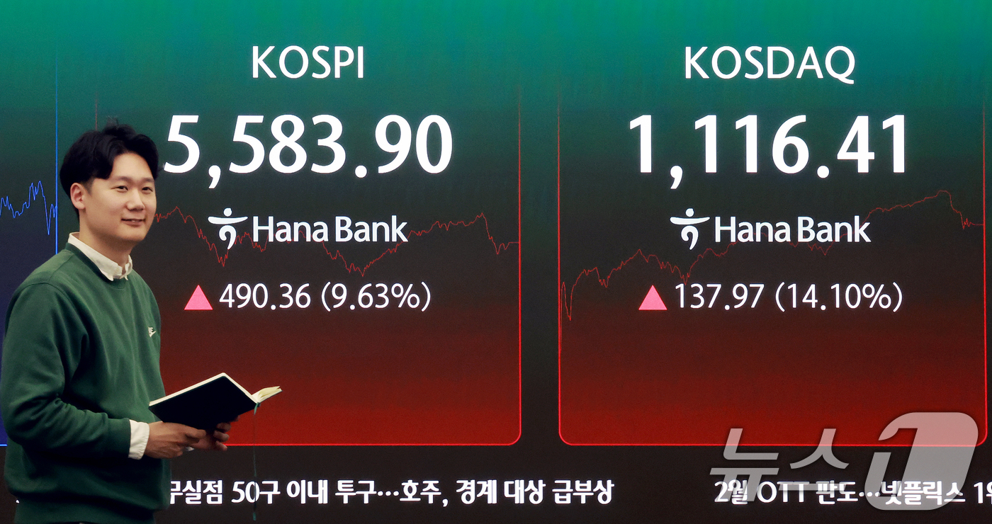 (서울=뉴스1) 이호윤 기자 = 5일 서울 중구 하나은행 본점 딜링룸 전광판에 코스피 지수 종가가 표시되어 있다. 이날 코스피지수는 전일대비 490.36p(9.63%) 오른 558 …