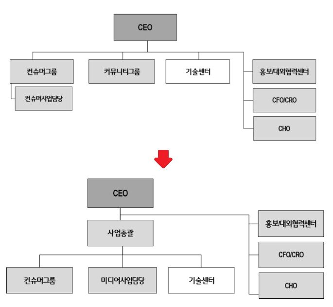 본문 이미지 - LG헬로비전 조직도 전(위) 후 (아래)
