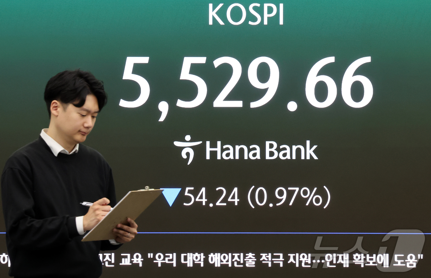 (서울=뉴스1) 김진환 기자 = 6일 서울 중구 하나은행 딜링룸 전광판에 코스피 등 시황이 표시되고 있다.이날 코스피는 전 거래일 대비 54.24p(0.97%) 하락한 5529.6 …