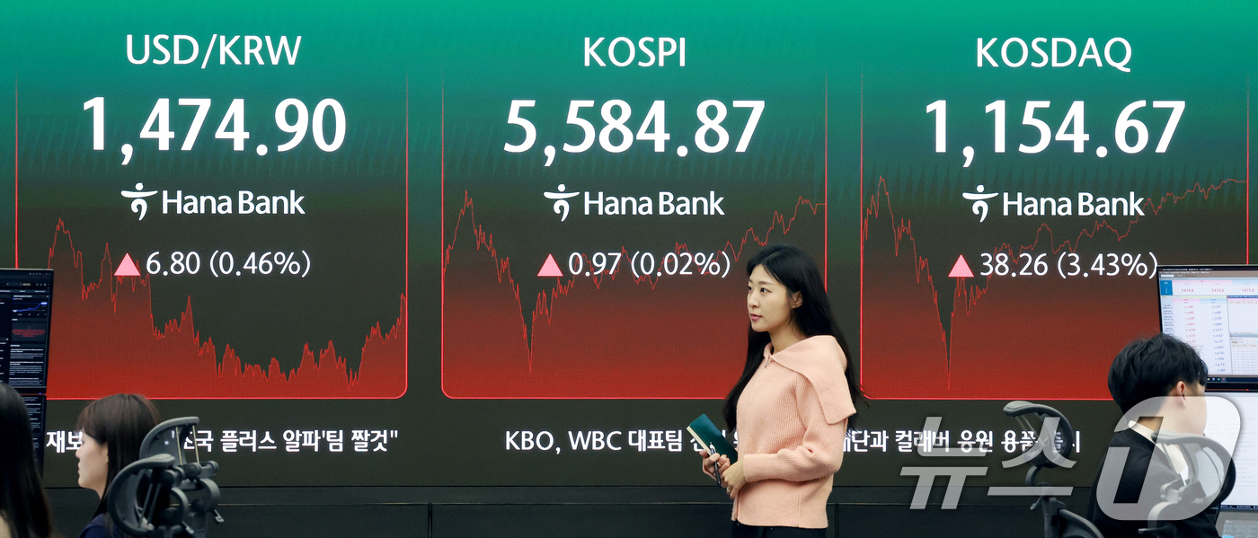 (서울=뉴스1) 이호윤 기자 = 6일 서울 중구 하나은행 본점 딜링룸 전광판에 종가가 표시되고 있다. 이날 코스피 지수는 전일대비 0.97p(0.02%) 오른 5584.87에 코스 …