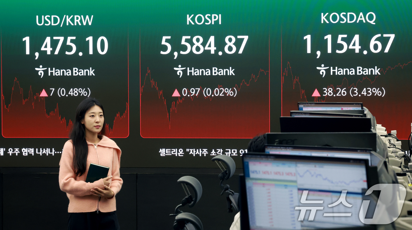 (서울=뉴스1) 이호윤 기자 = 6일 서울 중구 하나은행 본점 딜링룸 전광판에 종가가 표시되고 있다. 이날 코스피 지수는 전일대비 0.97p(0.02%) 오른 5584.87에 코스 …