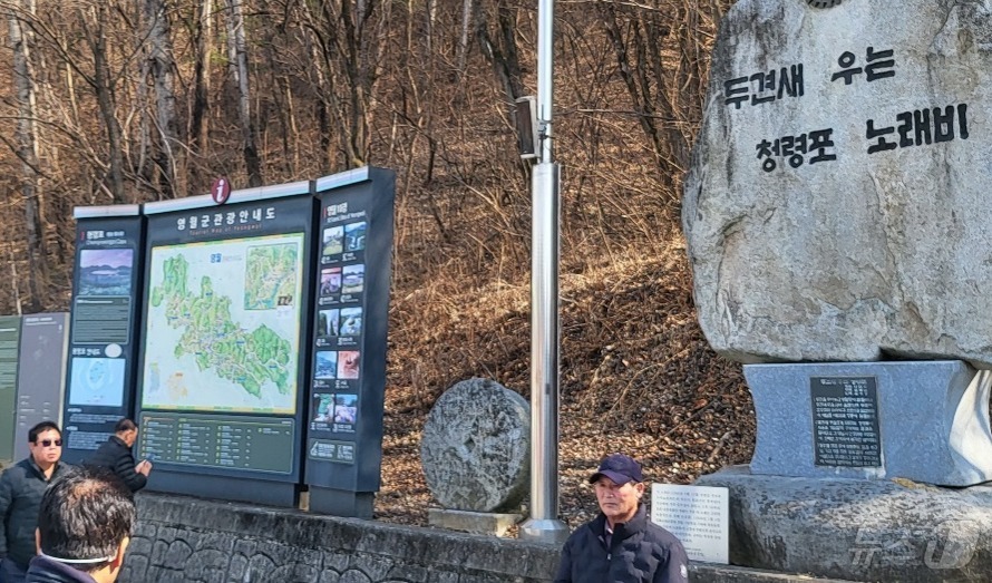 (영월=뉴스1) 신관호 기자 = 7일 오후 강원 영월군 청령포에 여행객들이 몰려든 가운데 한 관광객이 '두견새 우는 청령포 노래비' 앞에서 기념사진을 촬영하고 있다. 조선 6대 임 …