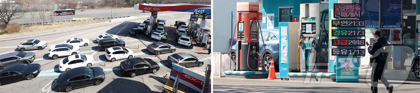 (서울=뉴스1) 박지혜 김민지 기자 = 미국·이스라엘과 이란 간 무력 충돌 여파로 국내 휘발유와 경유 가격이 상승하고 있는 가운데 8일 오후 서울 서초구 만남의광장 주유소(사진왼쪽 …