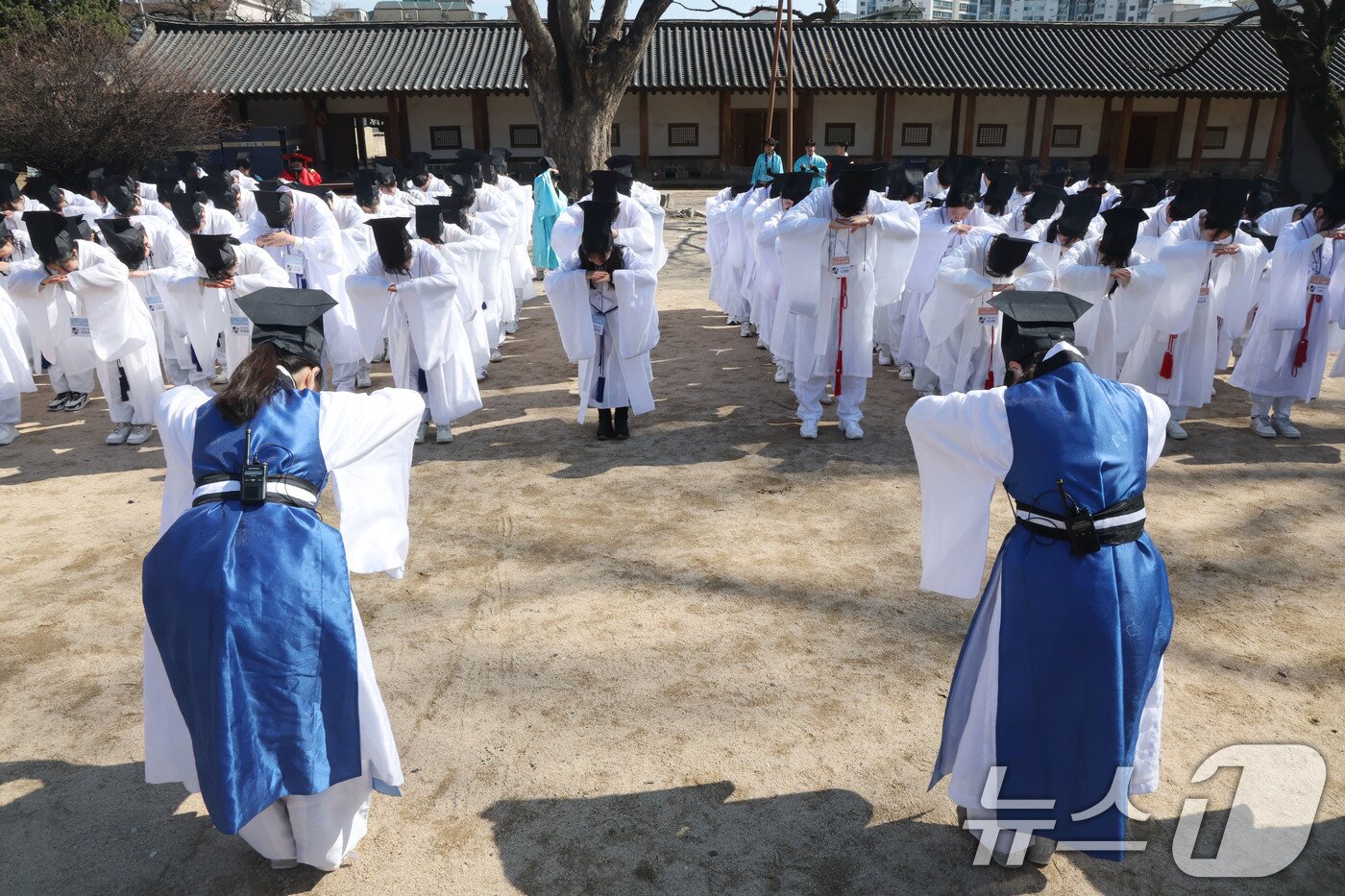 본문 이미지 - 8일 오전 서울 종로구 성균관 문묘에서 열린 2026신방례(신입생 환영회)에서 유생 의복을 입은 성균관대학교 신입생들과 재학생들이 서로 인사를 나누는 상읍례를 하고 있다.  2026.3.8 ⓒ 뉴스1 이광호 기자
