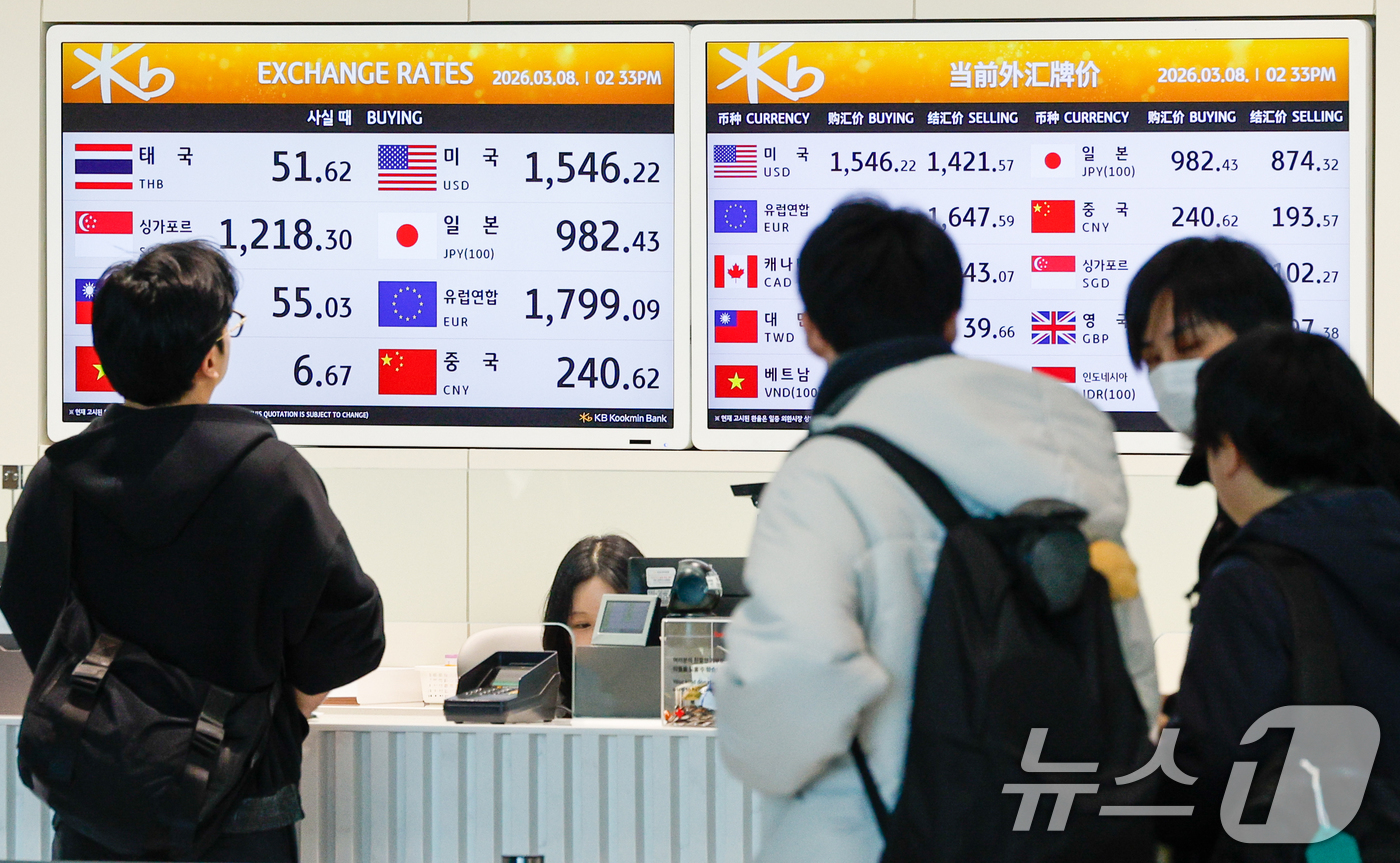 (인천공항=뉴스1) 안은나 기자 = 중동 상황으로 인해 환율이 큰 폭의 등락을 거듭하고 있는 8일 인천국제공항 2터미널 환전소에서 여행객들이 환전을 하고 있다. 2026.3.8/뉴 …