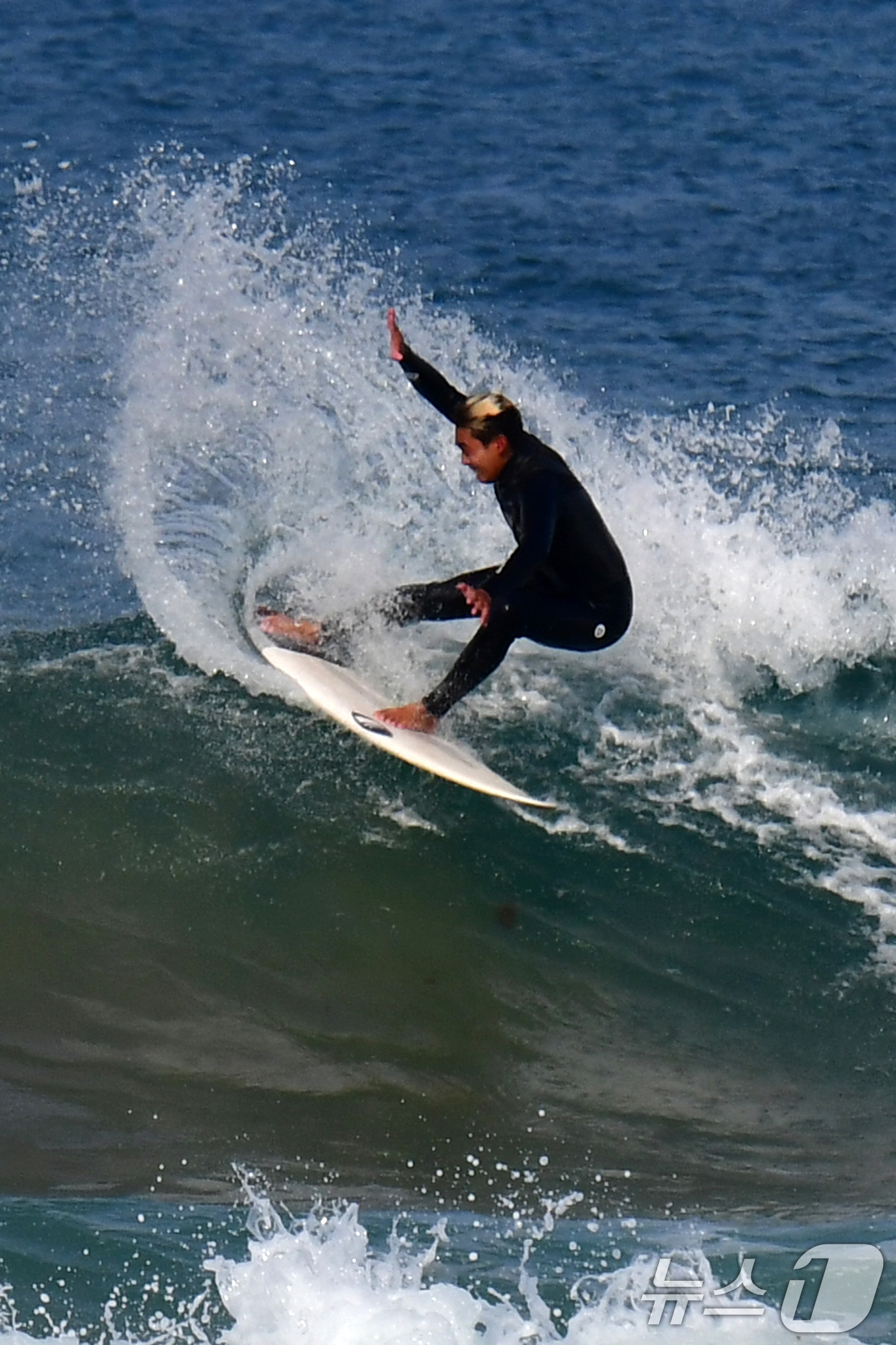 (포항=뉴스1) 최창호 기자 = 8일 경북 포항시 북구 흥해읍 용한리 해수욕장에서 서퍼들이 봄 파도를 타고 있다. 2026.3.8/뉴스1