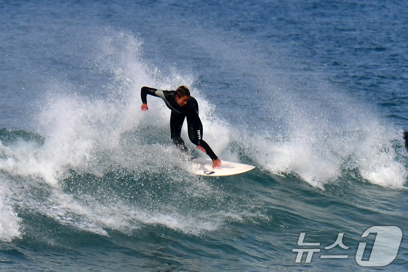 (포항=뉴스1) 최창호 기자 = 8일 경북 포항시 북구 흥해읍 용한리 해수욕장에서 서퍼들이 봄 파도를 타고 있다. 2026.3.8/뉴스1