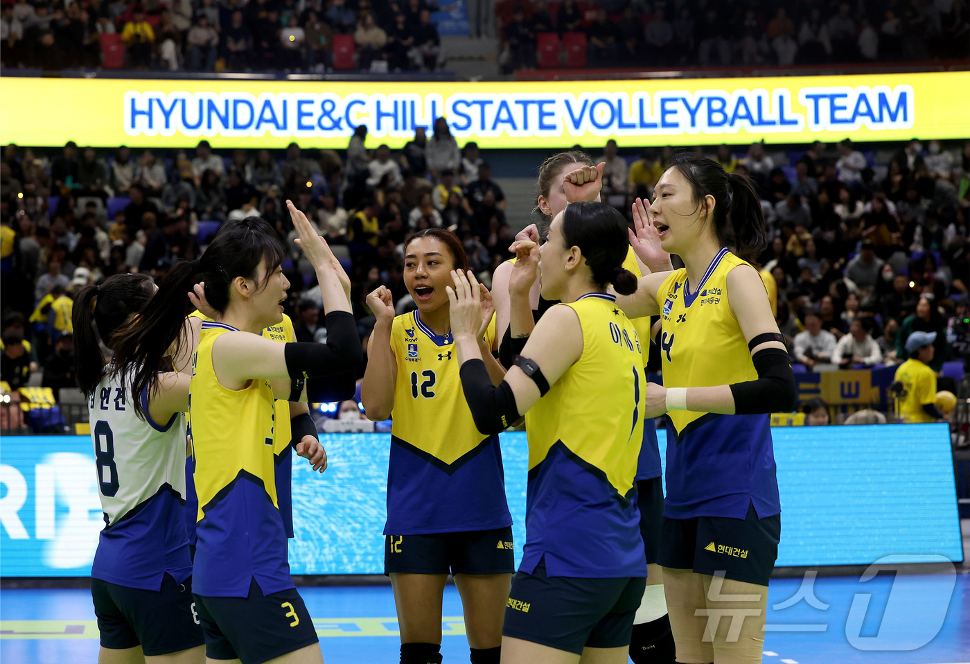 (서울=뉴스1) = 현대건설 선수들이 8일 수원실내체육관에서 열린 진에어 2025-26 V-리그 프로배구대회 현대건설과  페퍼저축은행과의 경기에서 하이파이브를 하고 있다. (현대건 …