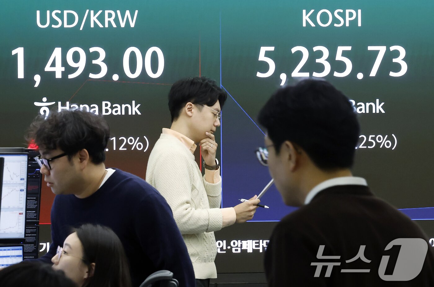 본문 이미지 - 9일 서울 중구 하나은행 딜링룸 전광판에 코스피 등 시황이 표시되고 있다.  2026.3.9 ⓒ 뉴스1 박정호 기자