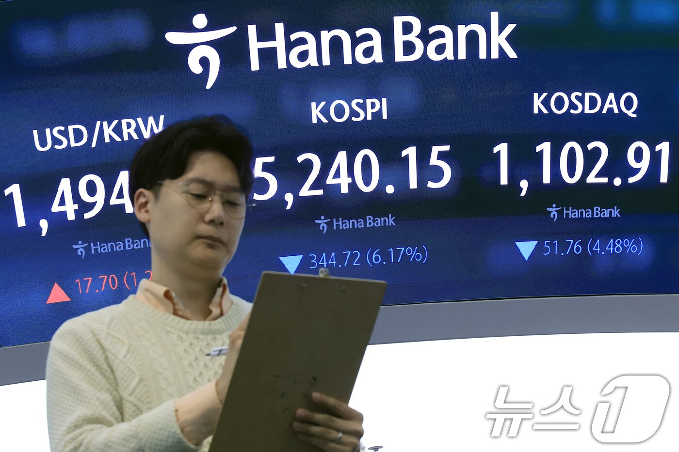 본문 이미지 - 9일 서울 중구 하나은행 딜링룸 전광판에 코스피 등 시황이 표시되고 있다.  2026.3.9 ⓒ 뉴스1 박정호 기자