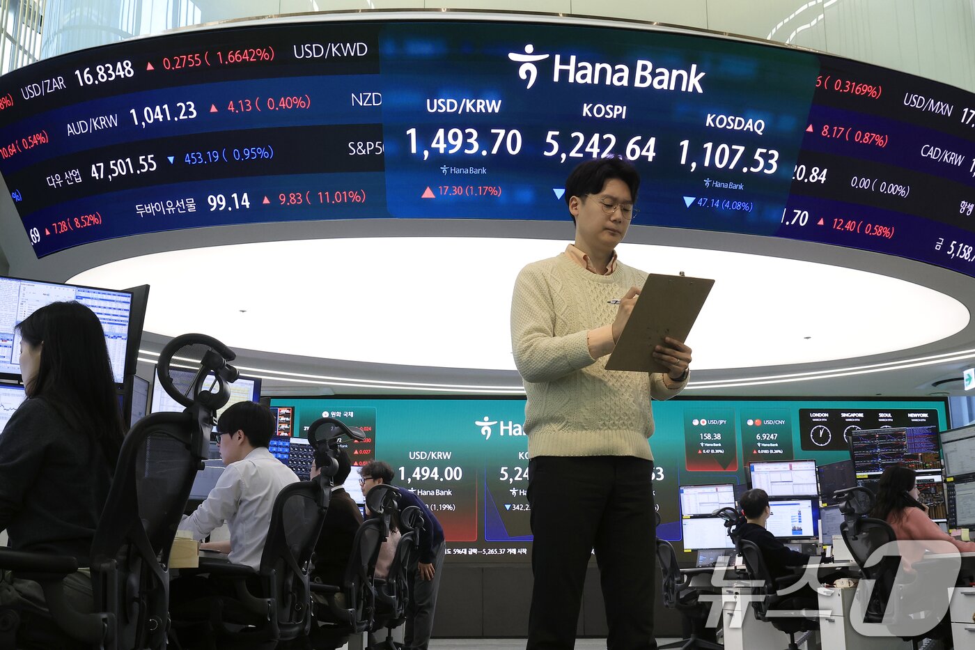 본문 이미지 - 9일 서울 중구 하나은행 딜링룸 전광판에 코스피 등 시황이 표시되고 있다.  2026.3.9 ⓒ 뉴스1 박정호 기자