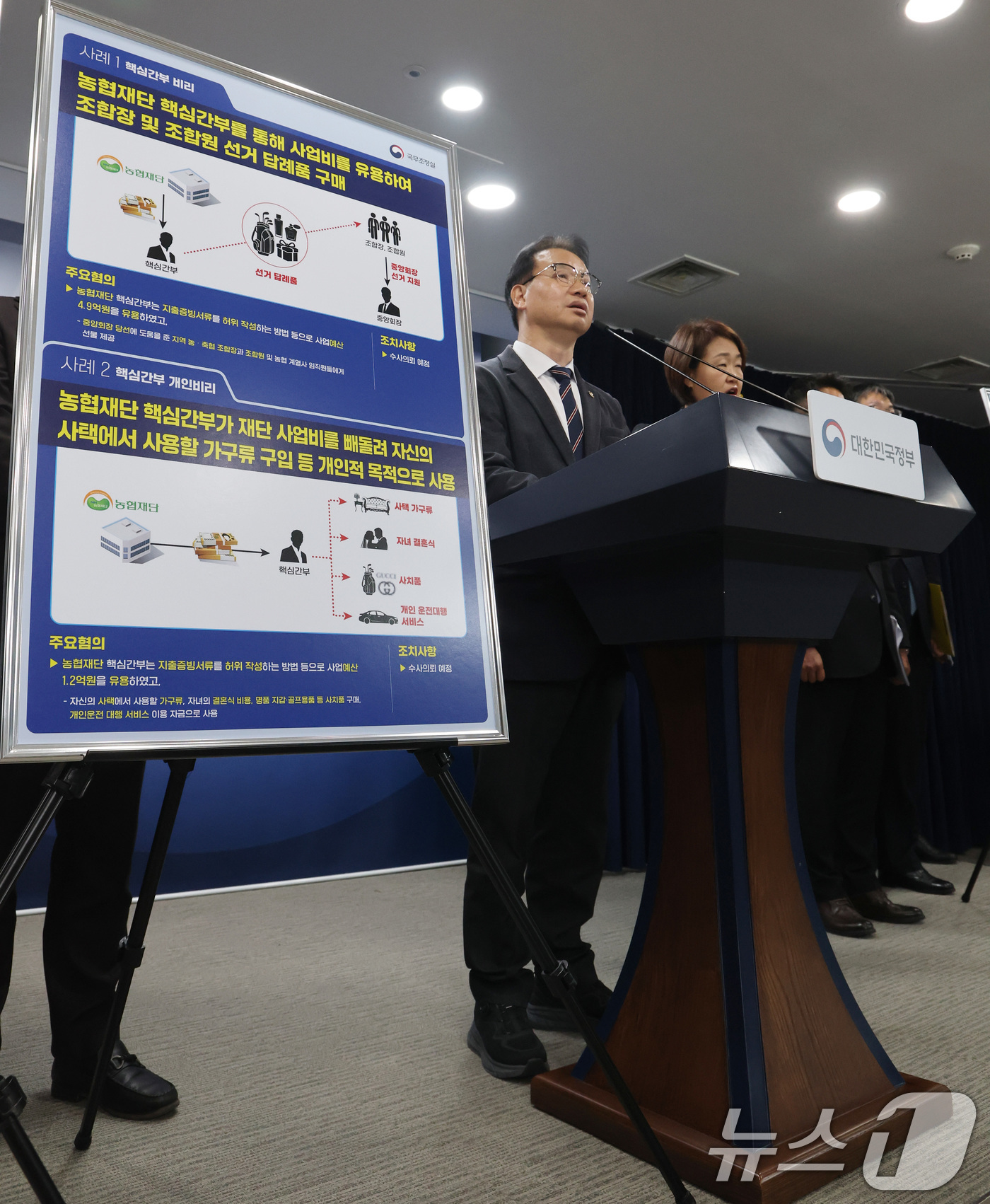 (서울=뉴스1) 임세영 기자 = 김영수 국무조정실 국무1차장이 9일 서울 종로구 정부서울청사에서 농협 정부합동 특별감사 결과 관련 브리핑을 하고 있다. 2026.3.9/뉴스1