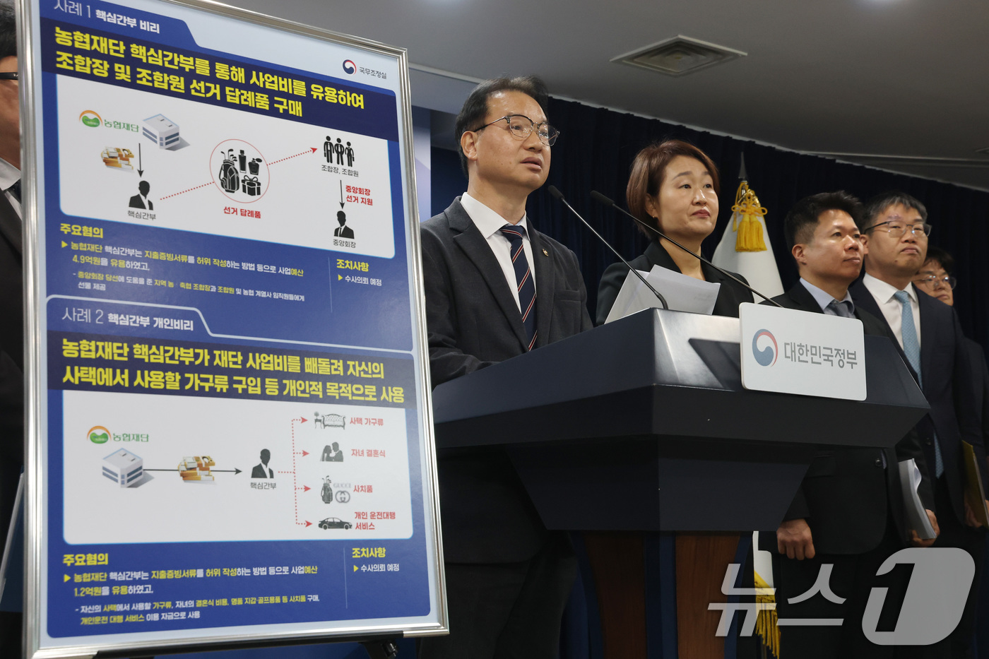 (서울=뉴스1) 임세영 기자 = 김영수 국무조정실 국무1차장이 9일 서울 종로구 정부서울청사에서 농협 정부합동 특별감사 결과 관련 브리핑을 하고 있다. 2026.3.9/뉴스1