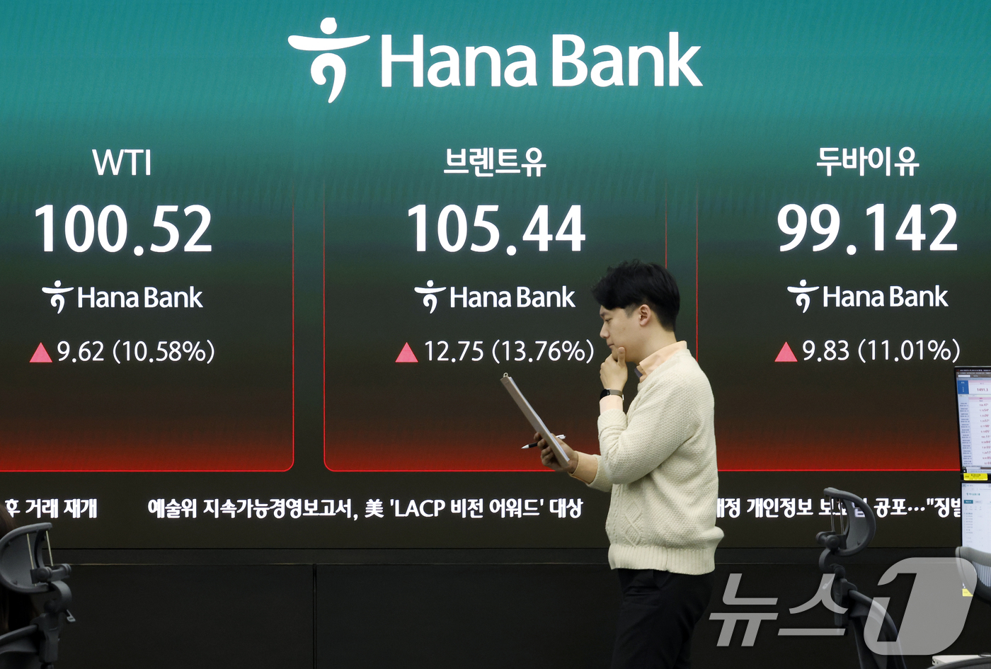 (서울=뉴스1) 박정호 기자 = 중동상황에 따른 호르무즈 해협 봉쇄 등의 영향으로 서부텍사스산중질유(WTI) 선물이 한때 30% 폭등하는 등 국제 유가가 요동친 9일 서울시 중구 …
