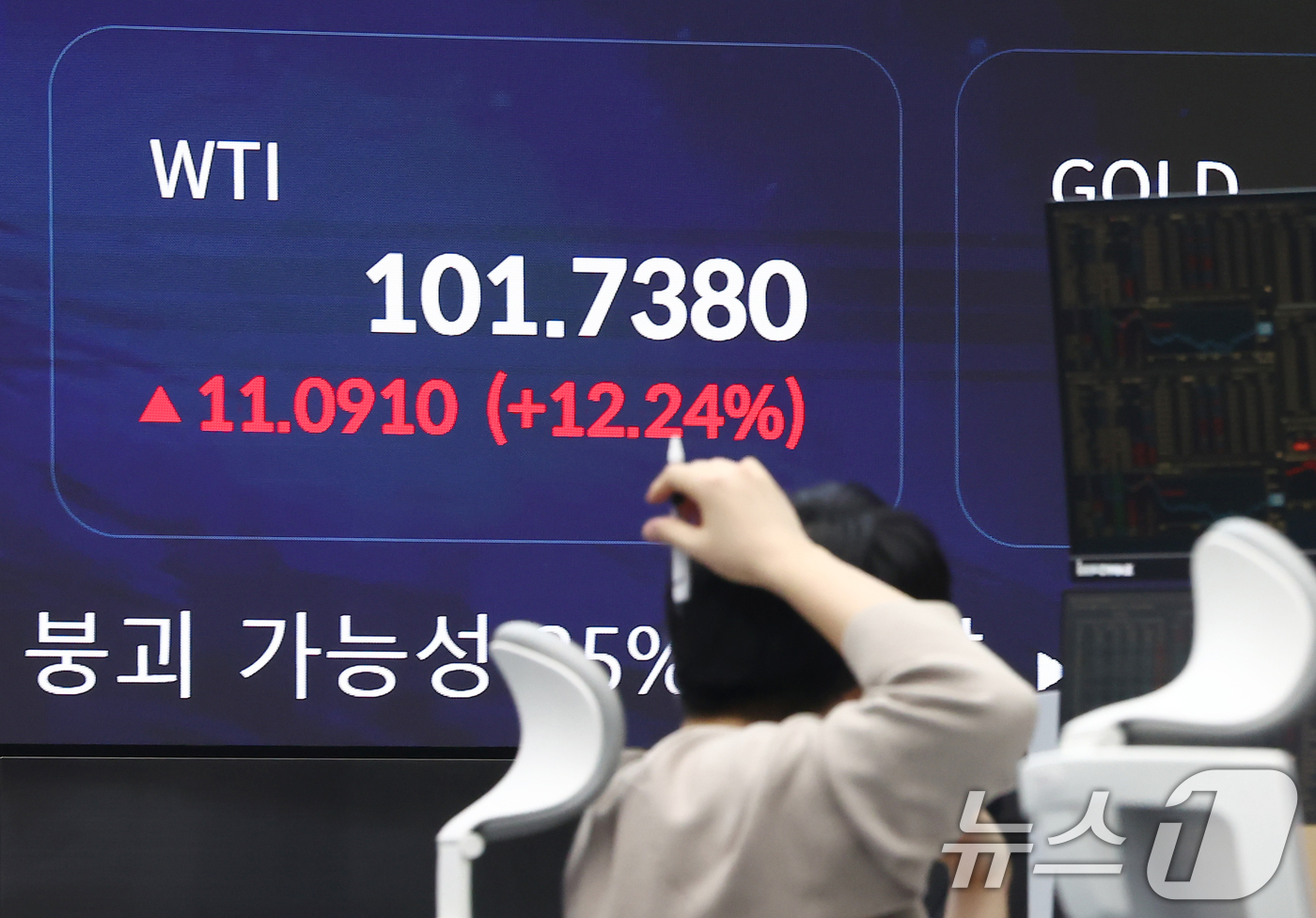 (서울=뉴스1) 김민지 기자 = 중동상황에 따른 호르무즈 해협 봉쇄 등의 영향으로 서부텍사스산중질유(WTI)가 배럴당 100달러를 넘긴 9일 오후 서울시 중구 우리은행 본점 딜링룸 …