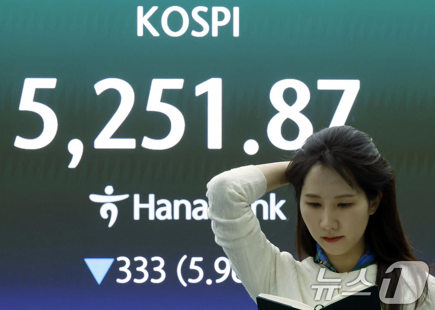 (서울=뉴스1) 박정호 기자 = 9일 오후 서울 중구 하나은행 딜링룸 전광판에 코스피 종가가 표시되고 있다.이날 코스피는 전 거래일 대비 333.00p(5.96%) 내린 5251. …