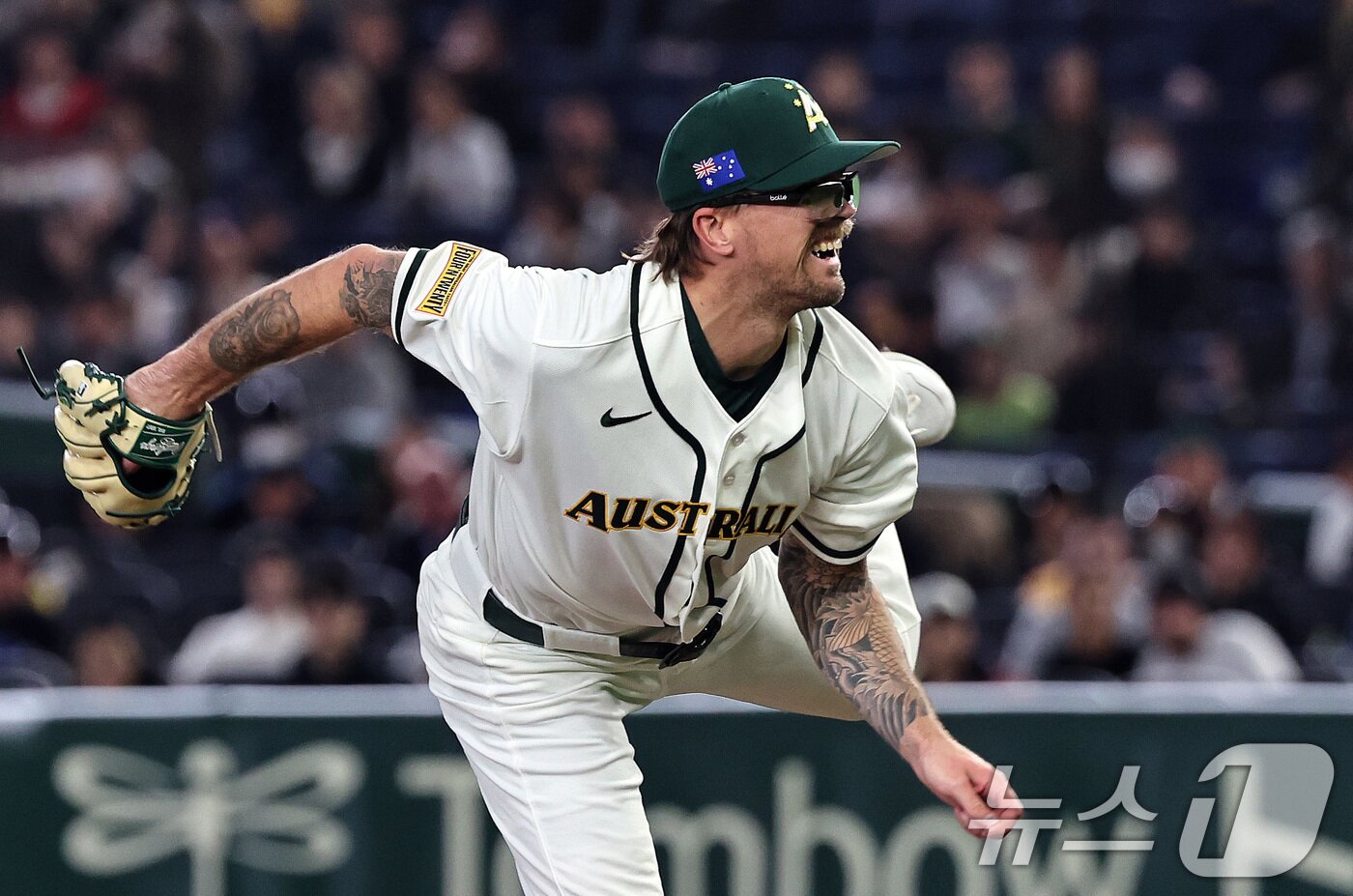 본문 이미지 - 2026 WBC에서 호주 국가대표로 출전한 라클란 웰스. 2026.3.9 ⓒ 뉴스1 구윤성 기자