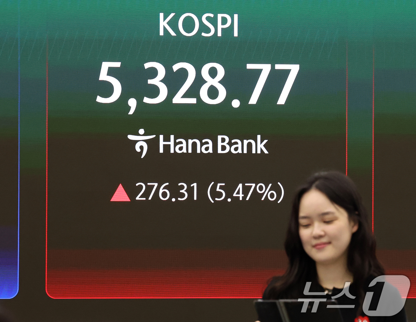 (서울=뉴스1) 황기선 기자 = 코스피 지수가 5% 넘게 오르며 장 초반 매수 사이드카가 발동된 1일 오전 서울 중구 하나은행 딜링룸 전광판에 코스피 시황이 표시되고 있다.이날 코 …