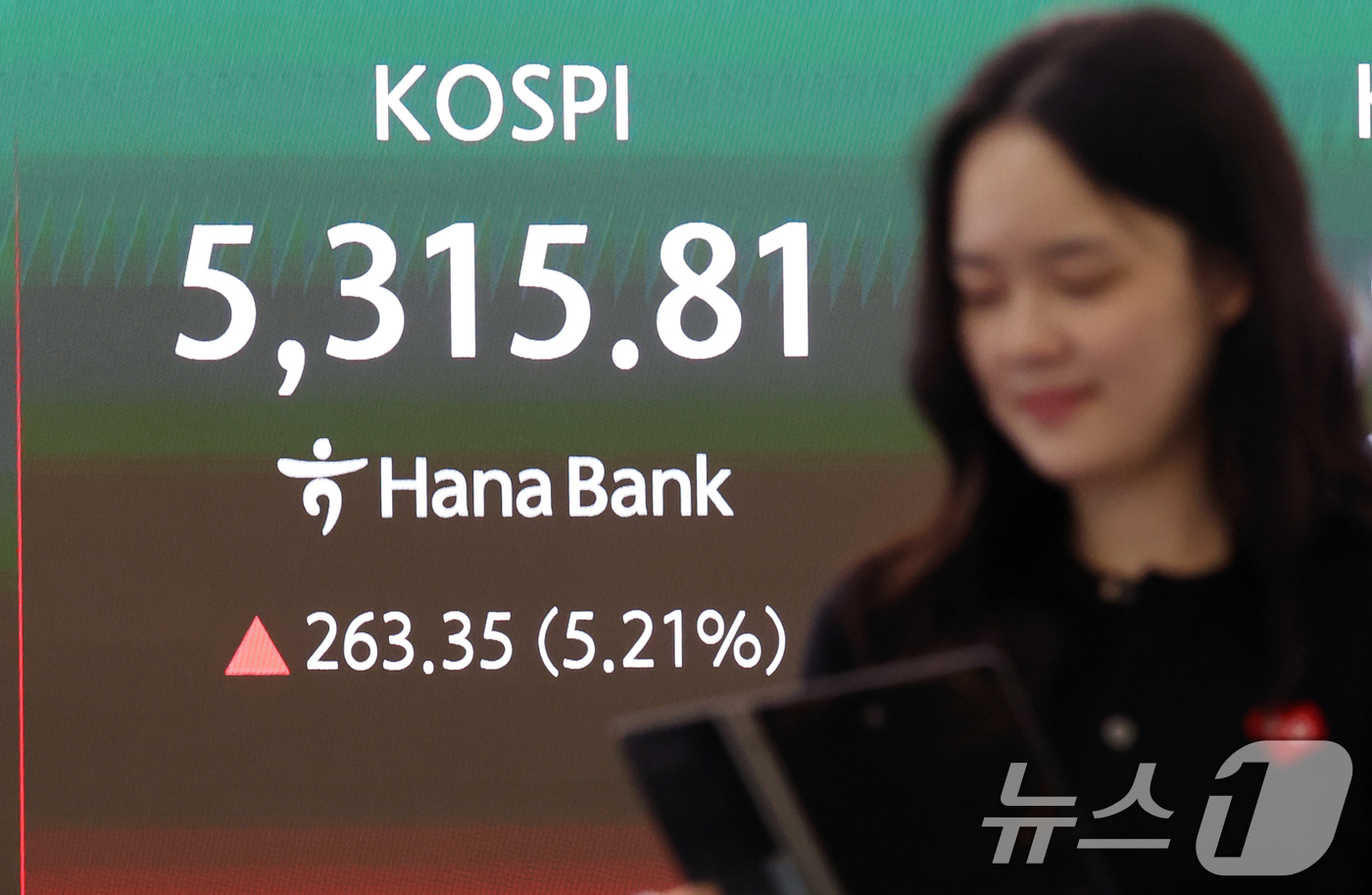 (서울=뉴스1) 황기선 기자 = 코스피 지수가 5% 넘게 오르며 장 초반 매수 사이드카가 발동된 1일 오전 서울 중구 하나은행 딜링룸 전광판에 코스피 시황이 표시되고 있다.이날 코 …