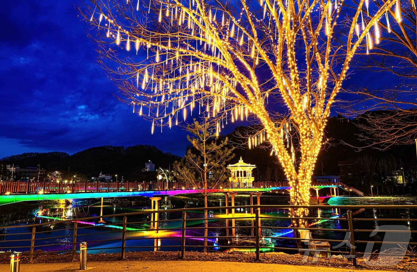 본문 이미지 - 충북 괴산군 괴산읍을 가로지르는 동진천 '오작교'가 지난 31일 밤 야간 경관조명으로 황홀한 야경을 선사하고 있다.2026.4.1 ⓒ 뉴스1 이성기 기자