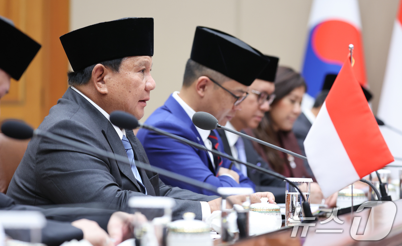 (서울=뉴스1) 이재명 기자 = 프라보워 수비안토 인도네시아 대통령이 1일 청와대에서 열린 이재명 대통령과 한·인니 확대 정상회담에서 발언하고 있다. 2026.4.1/뉴스1