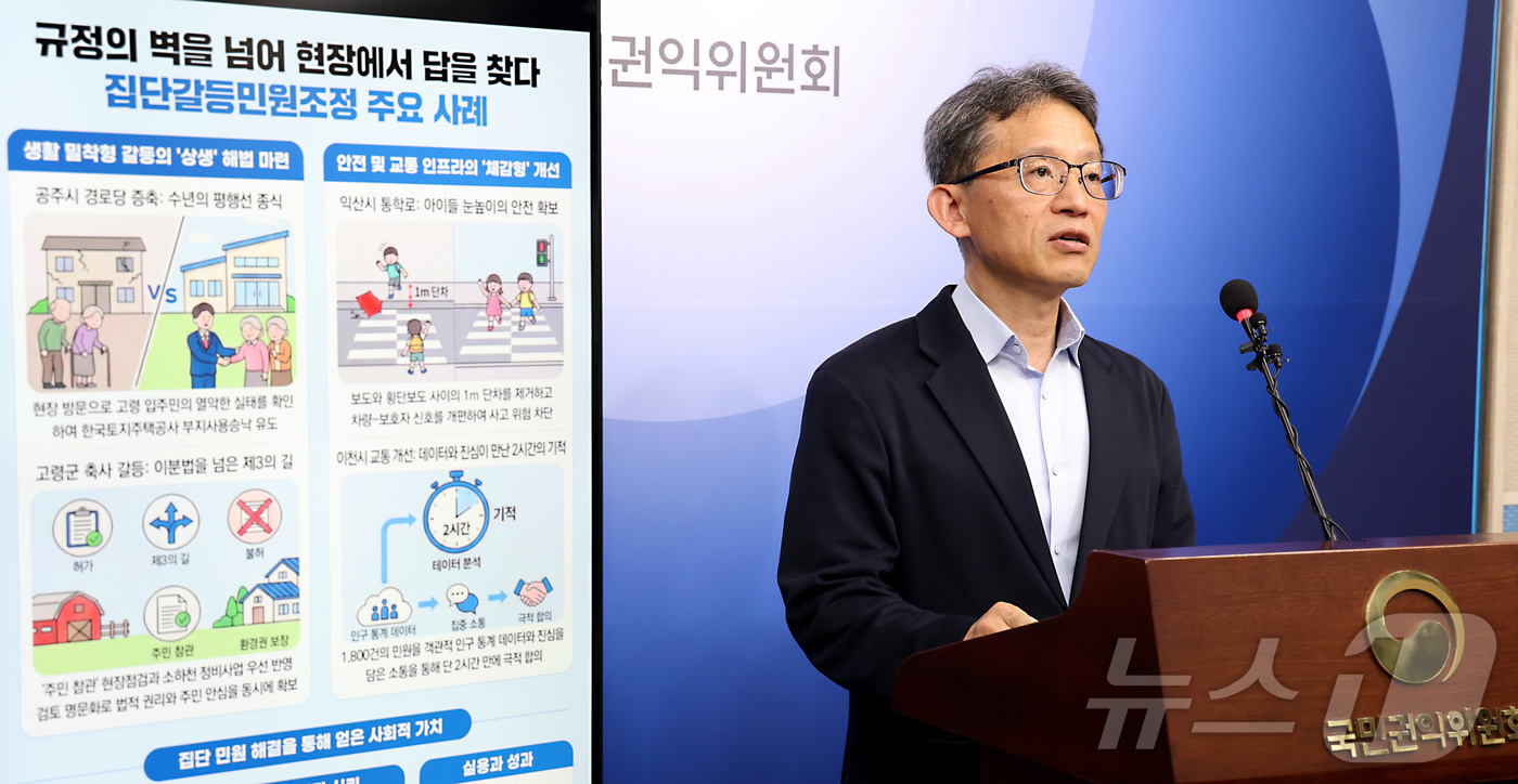 (세종=뉴스1) 김기남 기자 = 임진홍 국민권익위원회 집단갈등조정국장이 1일 세종시 정부세종청사에서  규정의 벽에 가로막혀 수년간 방치되었던 집단갈둥민원조정 주요 사례를  발표하고 …