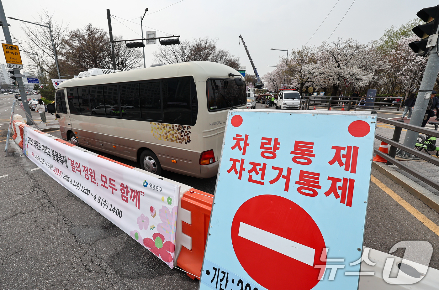 (서울=뉴스1) 김도우 기자 = 1일 오후 서울 여의도 윤중로 벚꽃길이 통제되고 있다.윤중로 벚꽃길은 이날부터 여의도 봄꽃축제를 위해 8일까지 교통이 전면통제된다. 2026.4.1 …