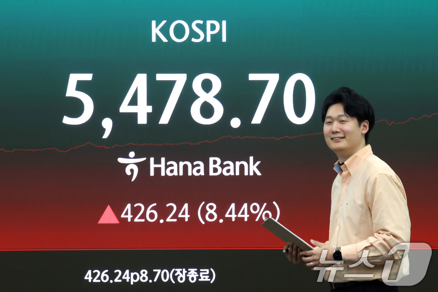 (서울=뉴스1) 이광호 기자 = 코스피가 급등하며 5400선을 회복한 1일 오후 서울 중구 하나은행 딜링룸 현황판에 코스피지수가 전장대비 426.24(8.44%) 상승한 5,478 …