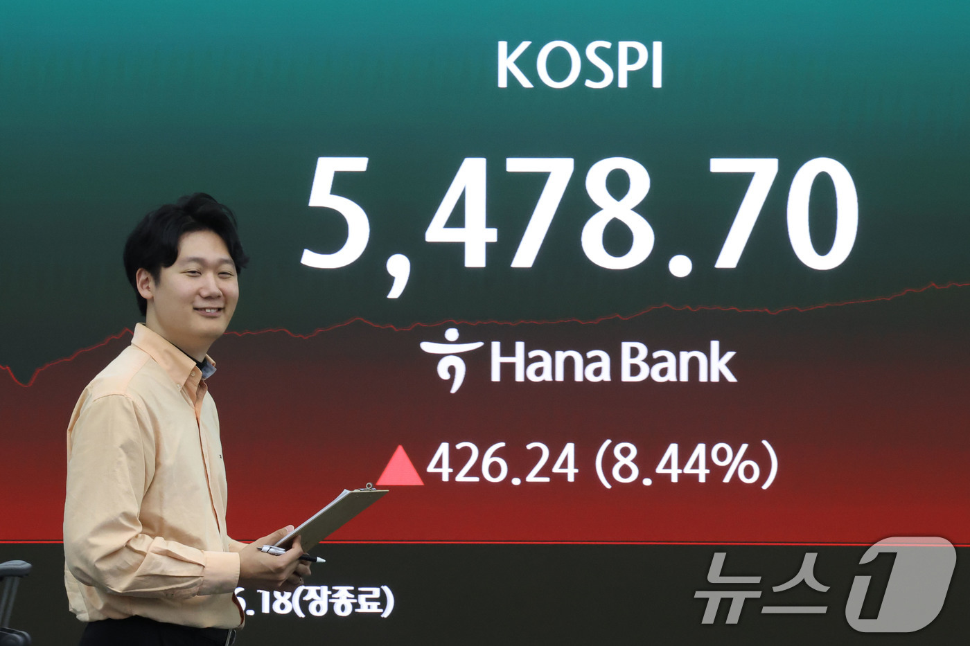 (서울=뉴스1) 이광호 기자 = 코스피가 급등하며 5400선을 회복한 1일 오후 서울 중구 하나은행 딜링룸 현황판에 코스피지수가 전장대비 426.24(8.44%) 상승한 5,478 …