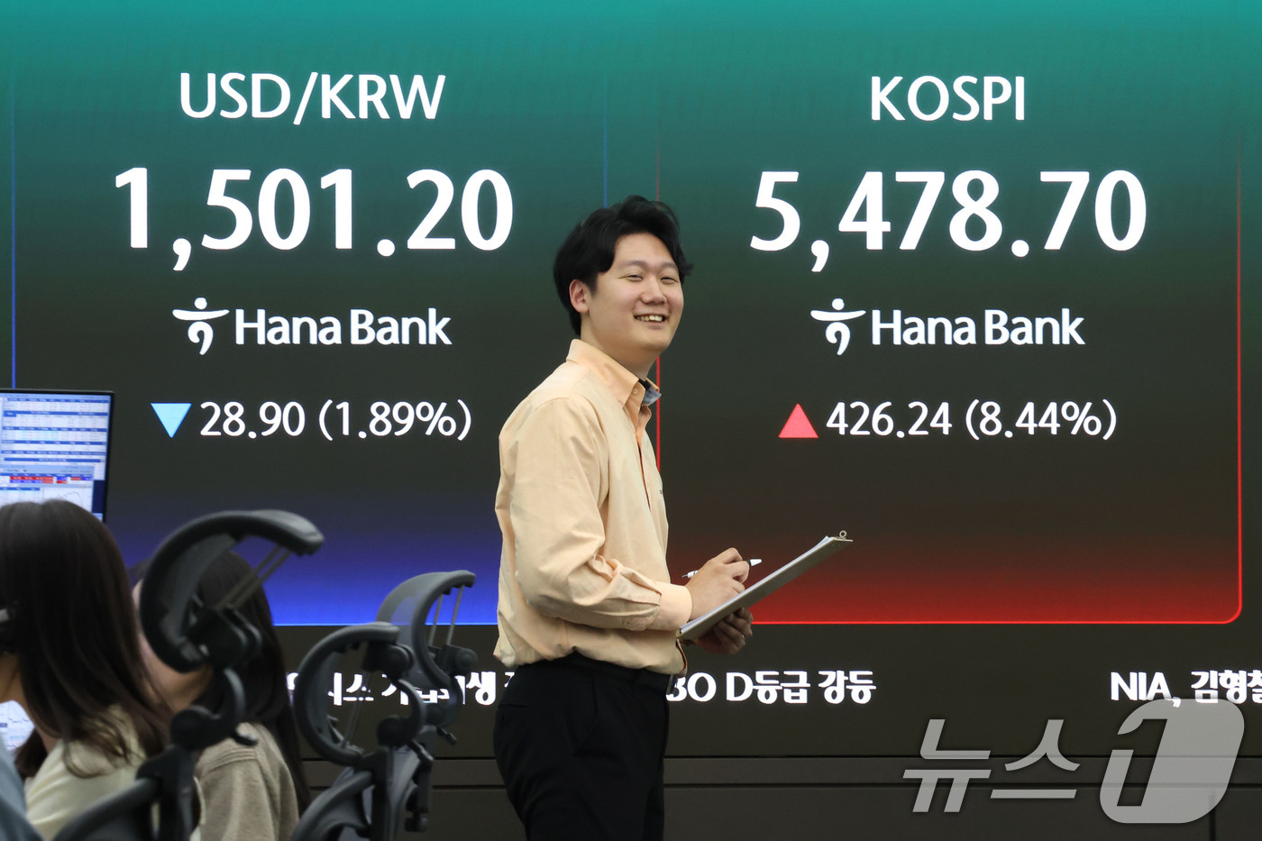 (서울=뉴스1) 이광호 기자 = 코스피가 급등하며 5400선을 회복한 1일 오후 서울 중구 하나은행 딜링룸 현황판에 코스피지수가 전장대비 426.24(8.44%) 상승한 5,478 …