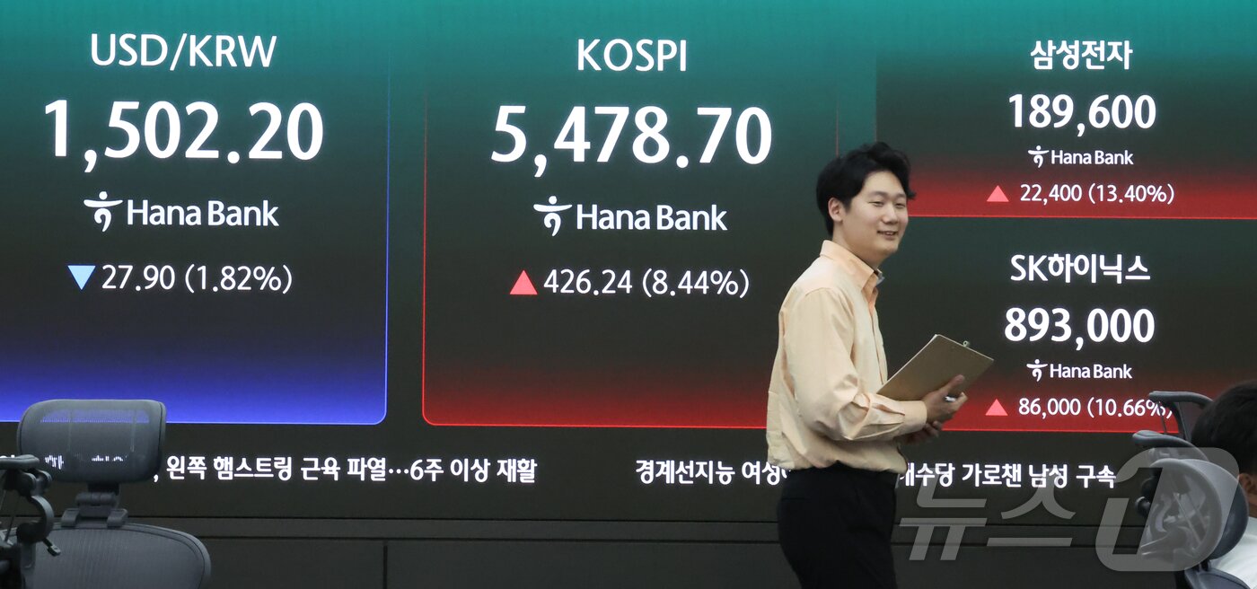 본문 이미지 - 1일 서울 중구 하나은행 딜링룸 전광판에 코스피와 코스닥 종가, 원·달러 환율, 삼성전자와 SK하이닉스 주가가 표시되고 있다. 이날 코스피와 코스닥은 상승 마감했고 환율은 하락했다. 2026.4.1 ⓒ 뉴스1 이종수 인턴기자