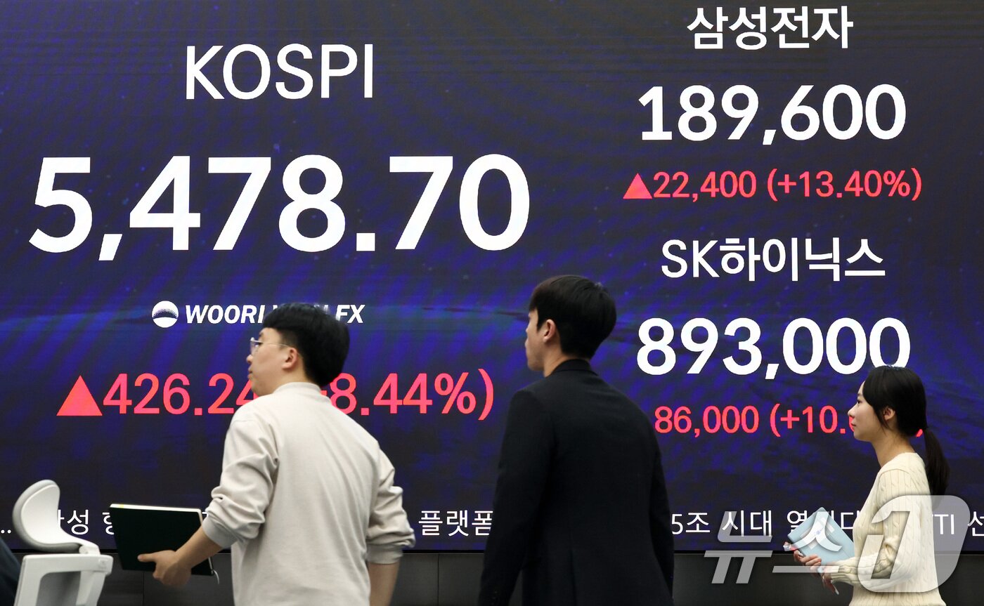 본문 이미지 - 코스피가 급등하며 5400선을 회복 마감한 1일 오후 서울 중구 우리은행 딜링룸 현황판에 코스피지수가 전장대비 426.24(8.44%) 상승한 5,478.70을 표시하고 있다. 2026.4.1 ⓒ 뉴스1 최지환 기자