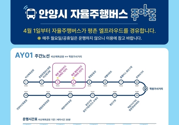 안양시 자율주행 버스 '주야로' 주간 노선 확대…배차 30분으로 단축