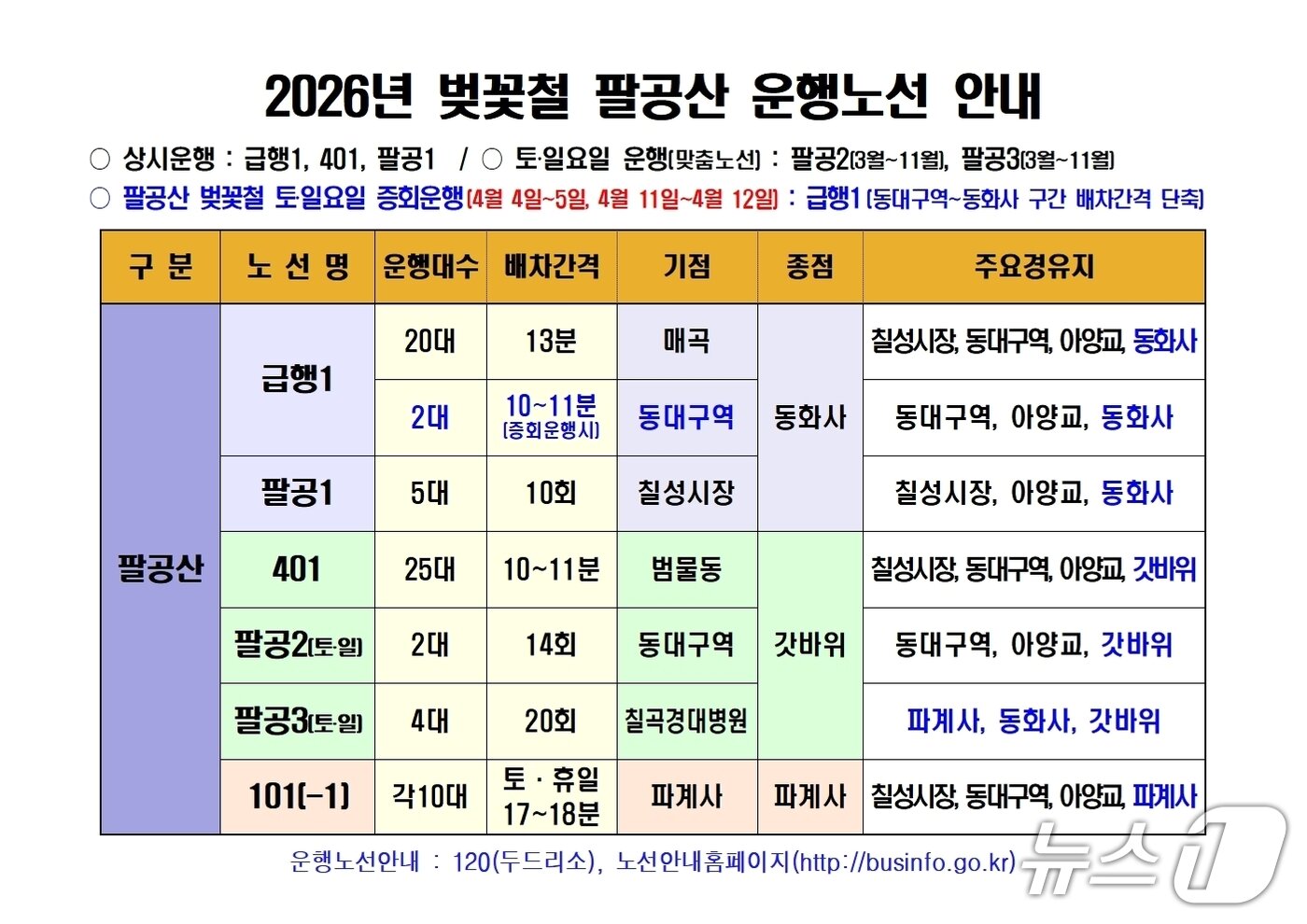 본문 이미지 - 대구시가 국립공원인 팔공산 벚꽃 개화기를 맞아 시내버스를 증회 운행한다. (대구시 제공. 재판매 및 DB 금지)/뉴스1
