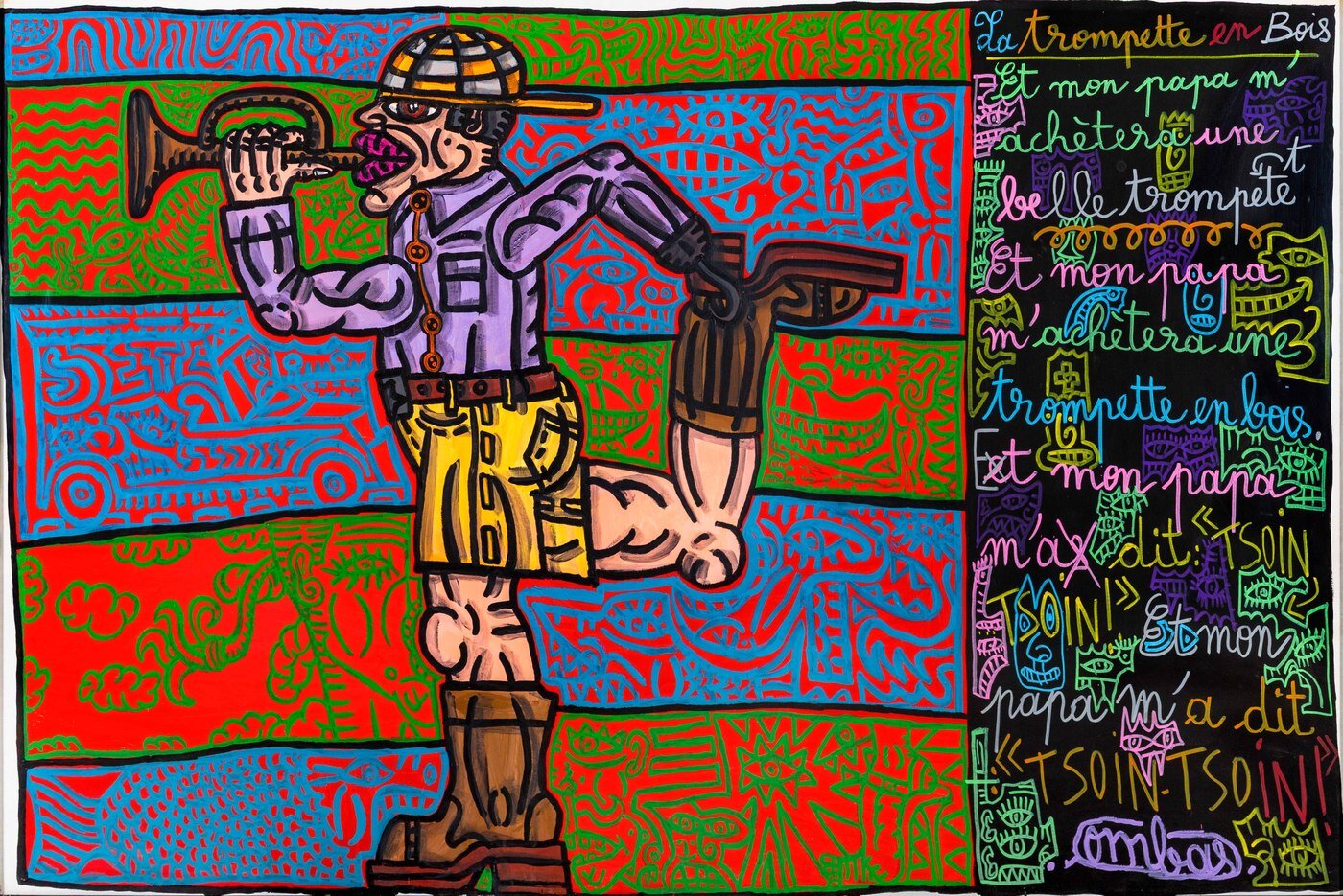 본문 이미지 - Robert Combas, La trompette en bois. En mon papa m’achètera une belle trompette, et mon papa m’achètera une belle trompette en bois, et mon papa m’a dit : « TSOIN TSOIN », 2004. Acrylic on canvas, 205 x 305 cm. (서울옥션 제)