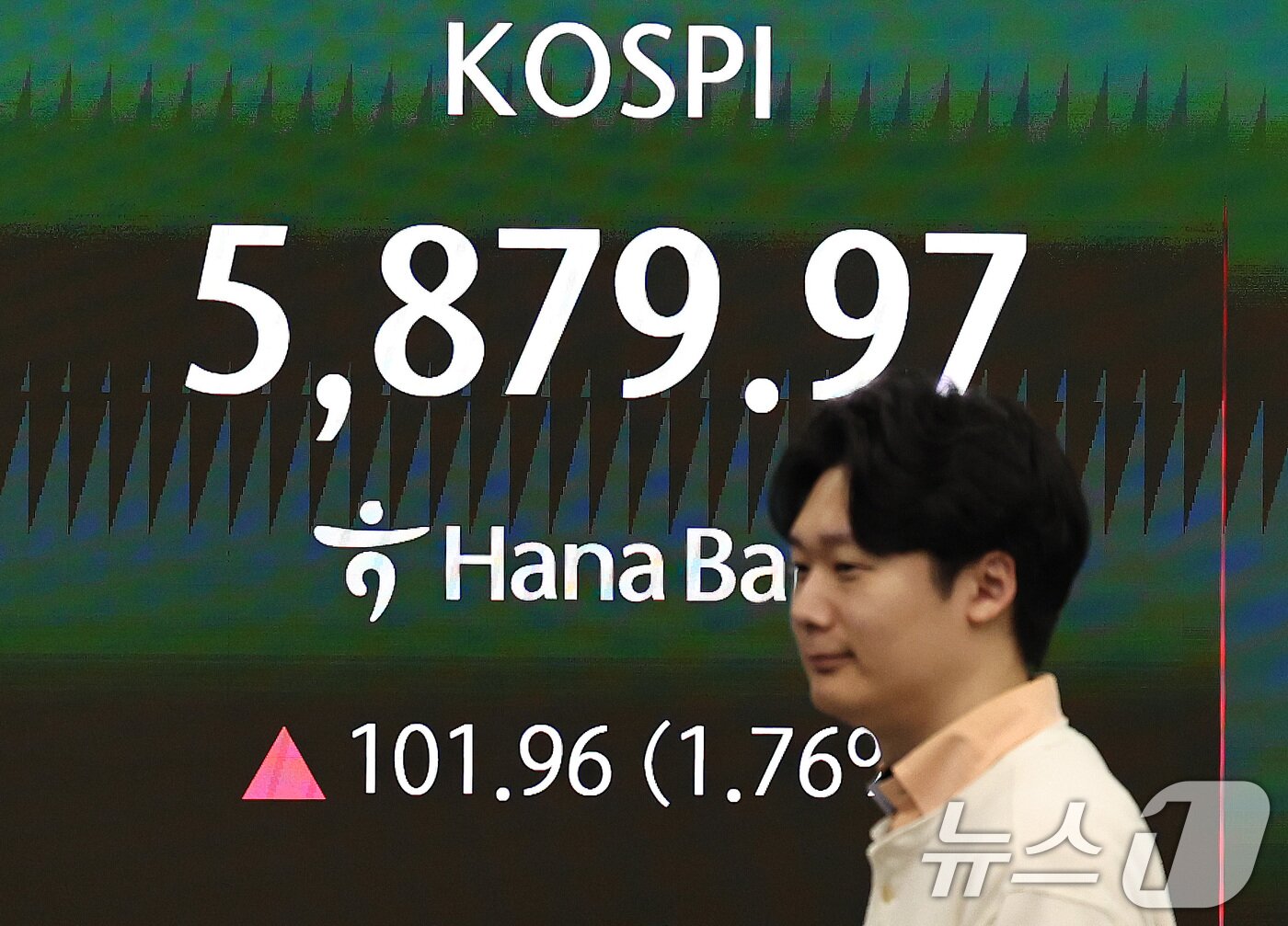 본문 이미지 - 10일 오전 서울 중구 하나은행 딜링룸 전광판을 통해 나오는 코스피 지수가 5800선으로 상승 출발하고 있다. 2026.4.10 ⓒ 뉴스1 구윤성 기자