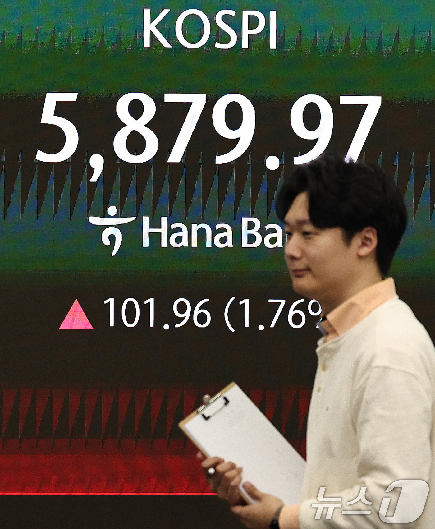 (서울=뉴스1) 구윤성 기자 = 10일 오전 서울 중구 하나은행 딜링룸 전광판을 통해 나오는 코스피 지수가 5800선으로 상승 출발하고 있다.  2026.4.10/뉴스1