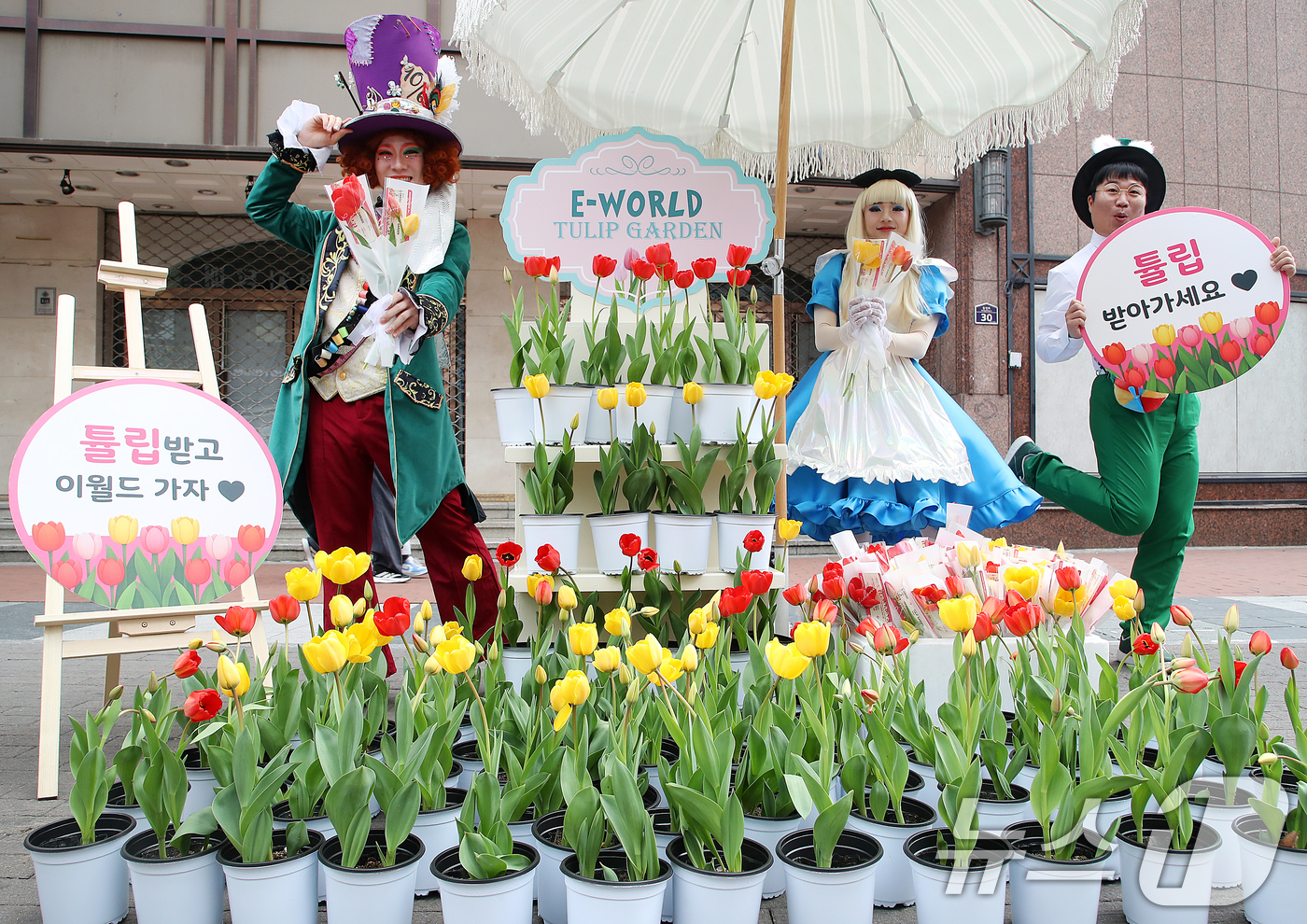 (대구=뉴스1) 공정식 기자 = 10일 오후 대구 중구 동성로 28아트스퀘어에서 테마파크 이월드 관계자들이 시민들에게 튤립을 무료로 나눠주는 '튤립 픽업 이벤트'를 진행하고 있다. …