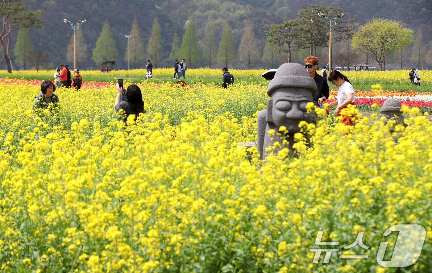 (창녕=뉴스1) 윤일지 기자 = 포근한 봄 날씨를 보인 10일 경남 창녕군 남지읍 창녕낙동강유채단지에서 열린 '제21회 창녕 낙동강유채축제'를 찾은 상춘객이 봄기운을 봄기운을 만끽 …