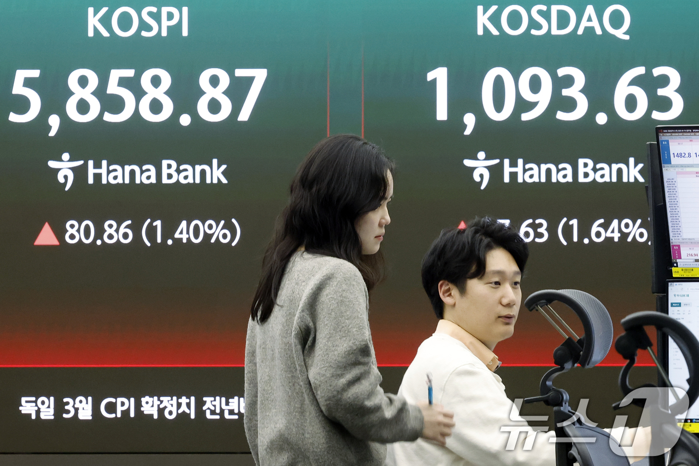 (서울=뉴스1) 박정호 기자 = 미국과 이란의 대면 휴전 협상에 대한 기대감에 코스피와 코스닥이 동반 상승세를 보인 10일 오후 서울 중구 하나은행 딜링룸 전광판에 코스피 등 종가 …