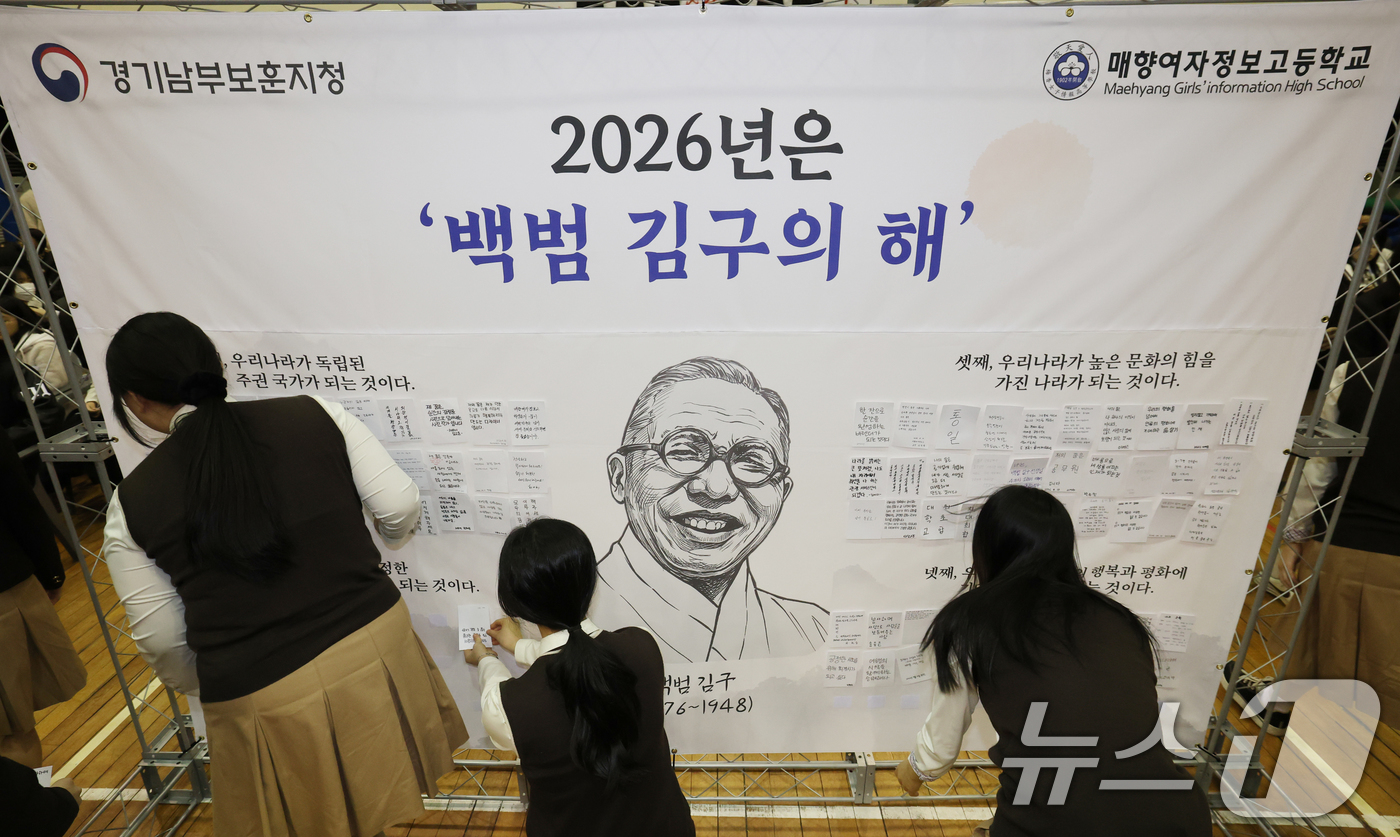 (수원=뉴스1) 김영운 기자 = 제107주년 대한민국임시정부 수립 기념일을 하루 앞둔 10일 경기 수원시 팔달구 매향여자정보고등학교에서 학생들이 백범 김구 대형 이미지 천에 나의 …