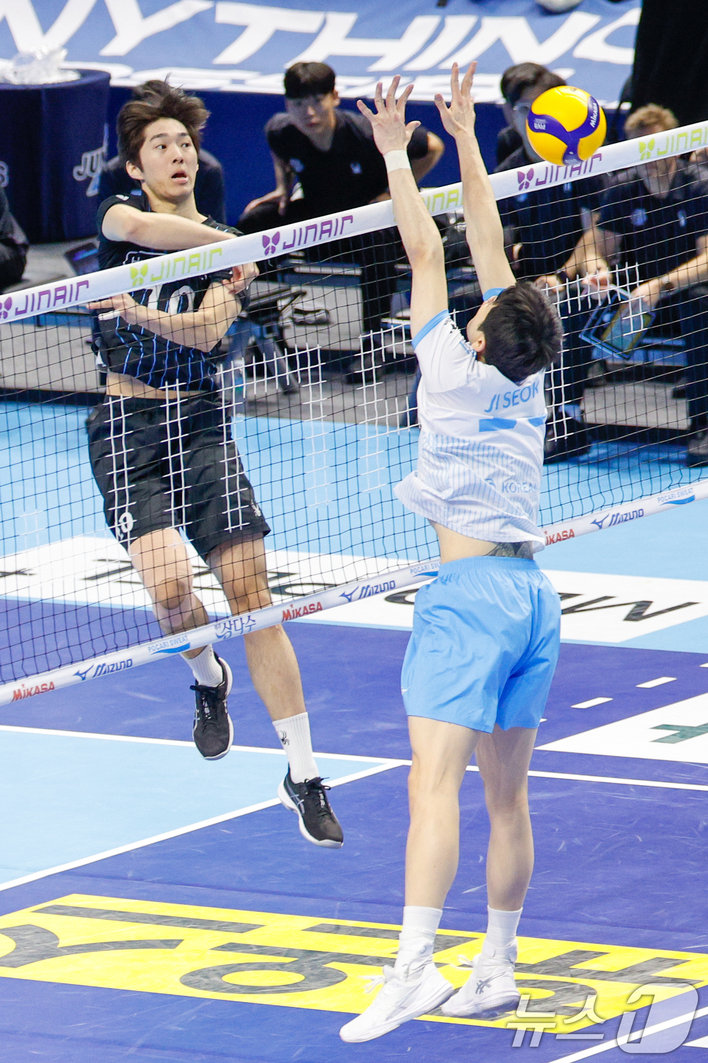 (인천=뉴스1) 안은나 기자 = 10일 오후 인천 계양체육관에서 열린 프로배구 2025-2026 V-리그 남자부 챔피언 결정전 5차전 대한항공 점보스와 현대캐피탈 스카이워커스의 경 …