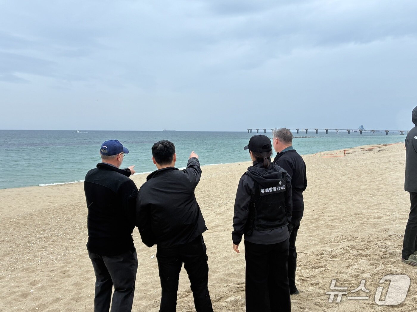 본문 이미지 - 국방부 유해발굴감식단 조사인력과 미국 DPAA 팀이 지난 9일 강원특별자치도 강릉시 해안에서 오는 8월 수중조사 예정 지역을 두고 현장 토의하는 모습. 2026.4.9./ⓒ 뉴스1 김기성 기자