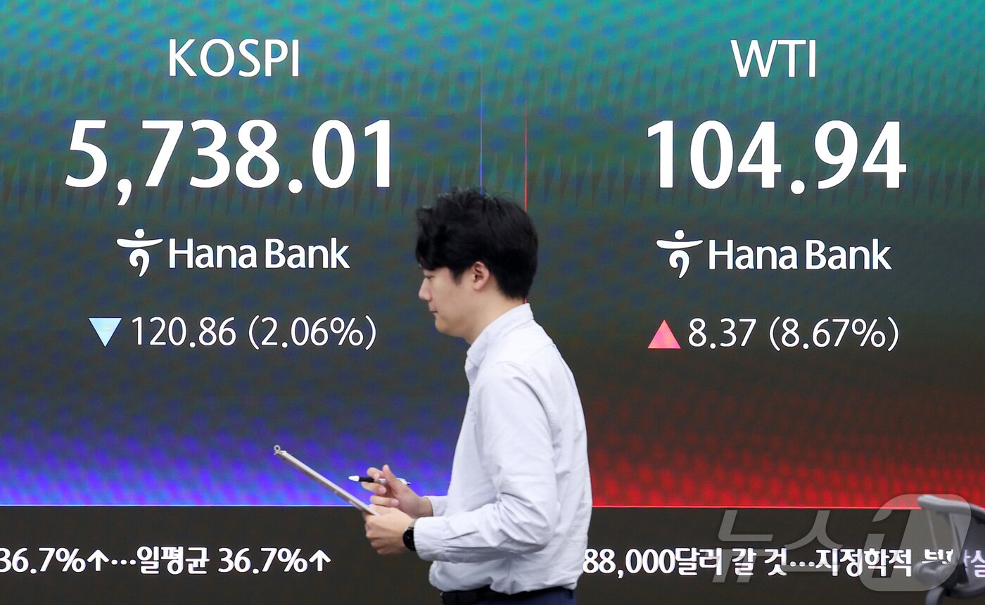 본문 이미지 - 13일 오전 서울 중구 하나은행 본점 딜링룸에 개장 시황이 나오고 있다.  2026.4.13 ⓒ 뉴스1 김성진 기자
