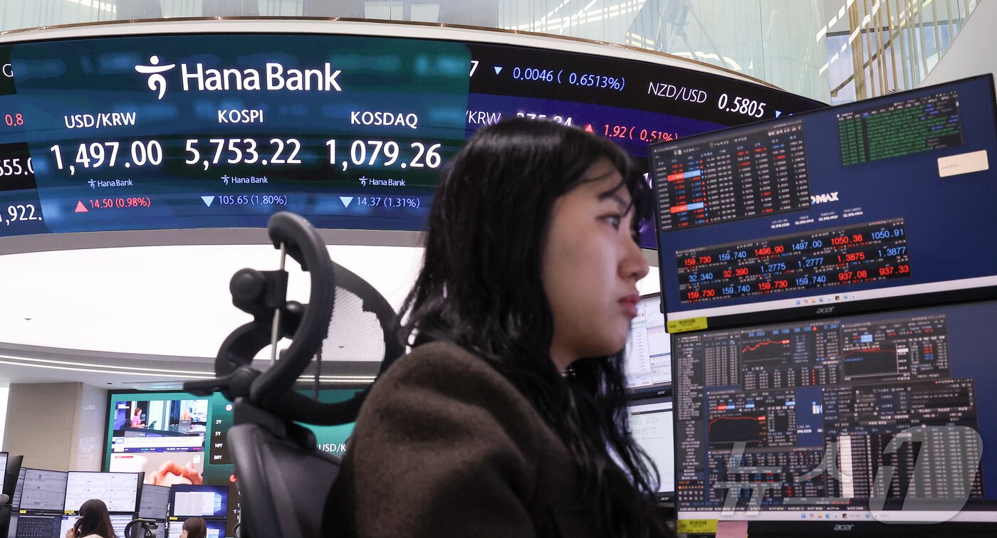 본문 이미지 - 13일 오전 서울 중구 하나은행 본점 딜링룸에 개장 시황이 나오고 있다.  2026.4.13 ⓒ 뉴스1 김성진 기자