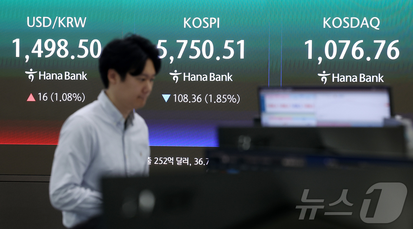 (서울=뉴스1) 김성진 기자 = 13일 오전 서울 중구 하나은행 본점 딜링룸에 개장 시황이 나오고 있다.이날 오전 9시 5분 코스피는 전일 종가와 비교해 101.79포인트(p)(1 …